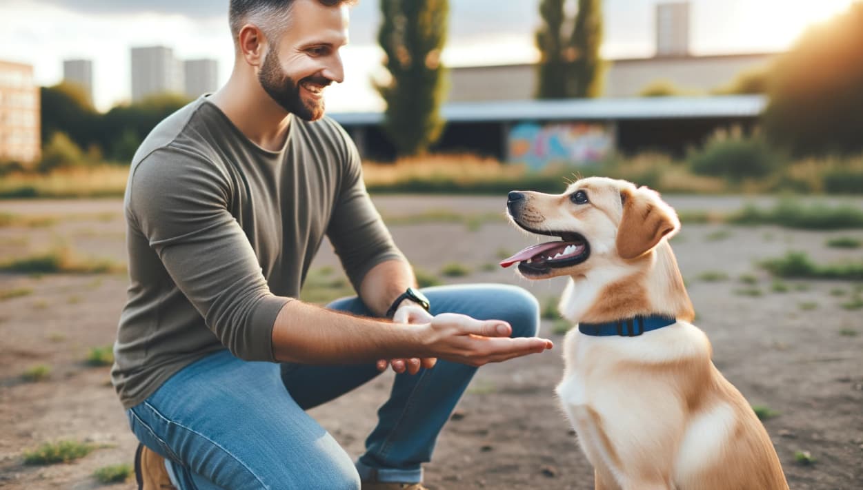 Mann bringt Hund bei, nicht seinen eigenen Kot zu essen.