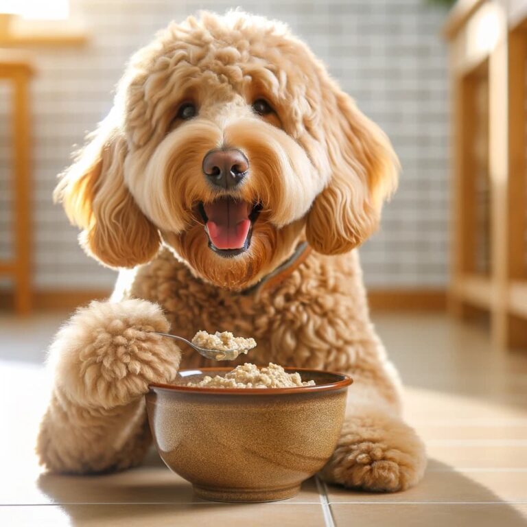 Fiktives Foto eines Labradoodle, der Haferflocken zum Frühstück isst.