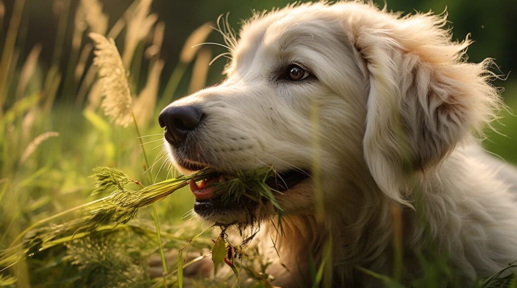 Warum fressen Hunde Gras? Das Bild zeigt einen Hund, der langes Gras frisst.
