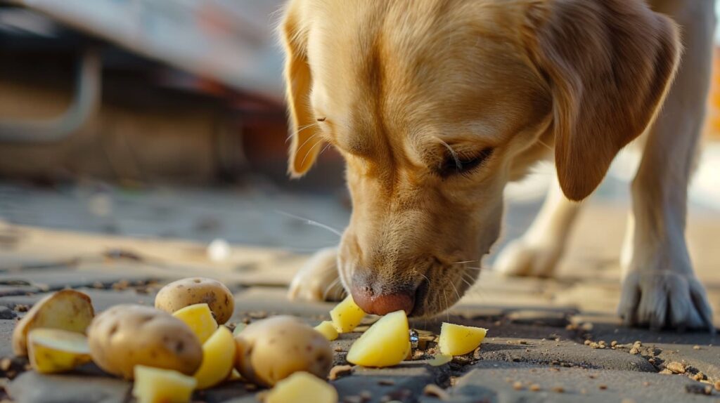 Hund frisst Kartoffeln vom Boden