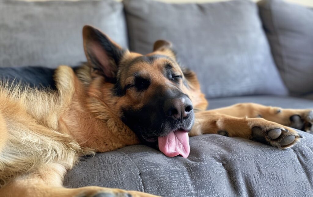 Schäferhund hechelt erschöpft und ruht auf der Couch