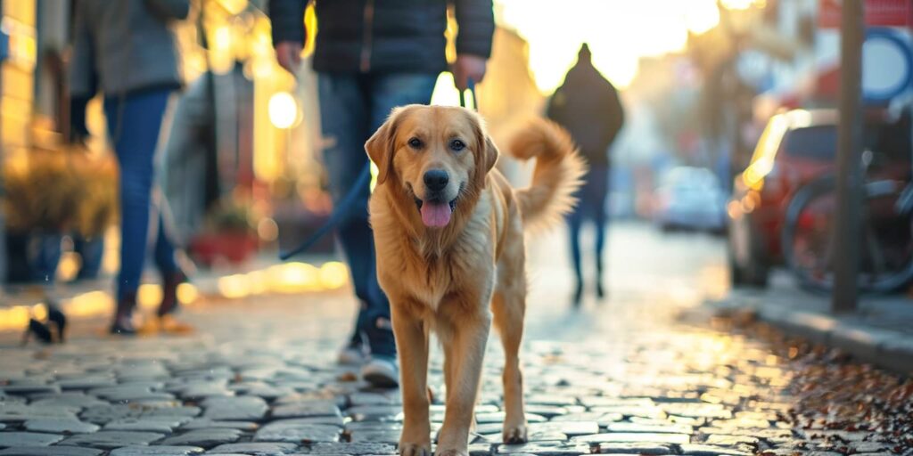 Hund an Leine in Stadt