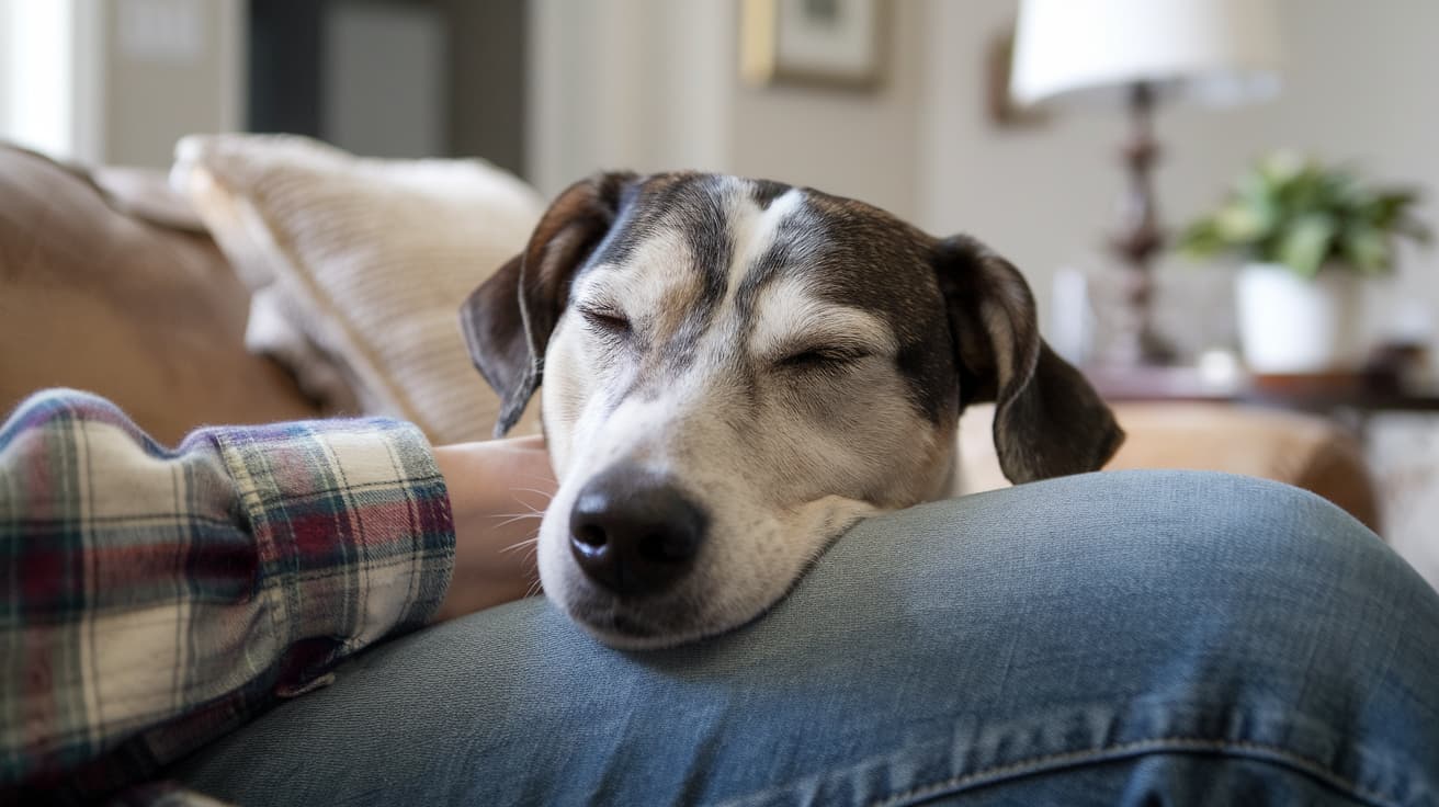 Hund legt Kopf auf Bein des Herrchen