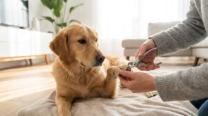 Hund bekommt die Krallen mit einer Krallenschere geschnitten