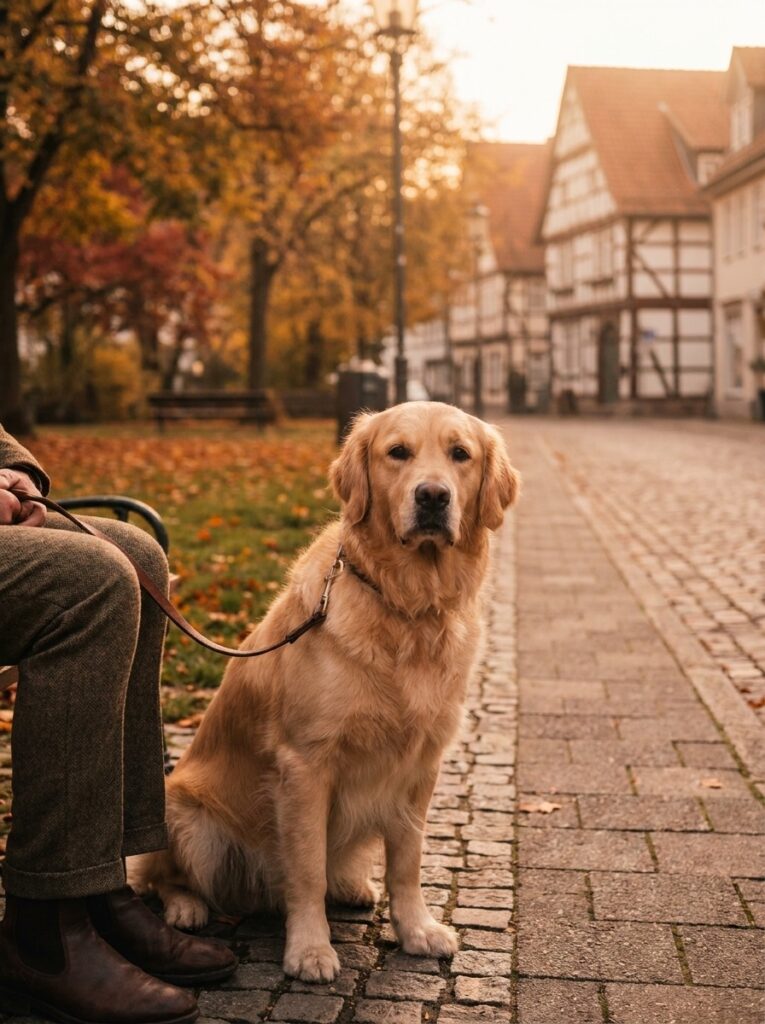 Angeleinter Hund neben seinem Halter auf einer Straße in NRW – Leinenpflicht