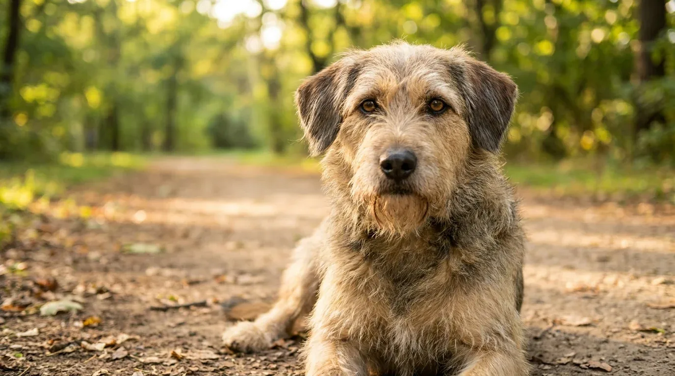 Ruhiger Hund auf einem Waldweg – nächste Lektion Ausdrucksverhalten von Hunden