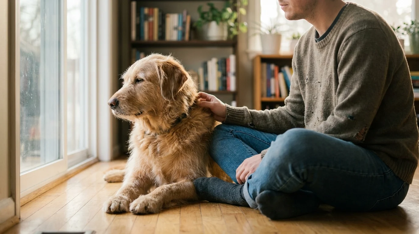 Mensch sitzt entspannt neben einem Hund, der sich leicht anlehnt
