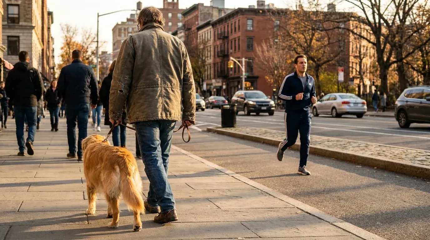 Angeleinter Hund geht mit seinem Halter durch die Stadt, ein Jogger passiert in einigem Abstand