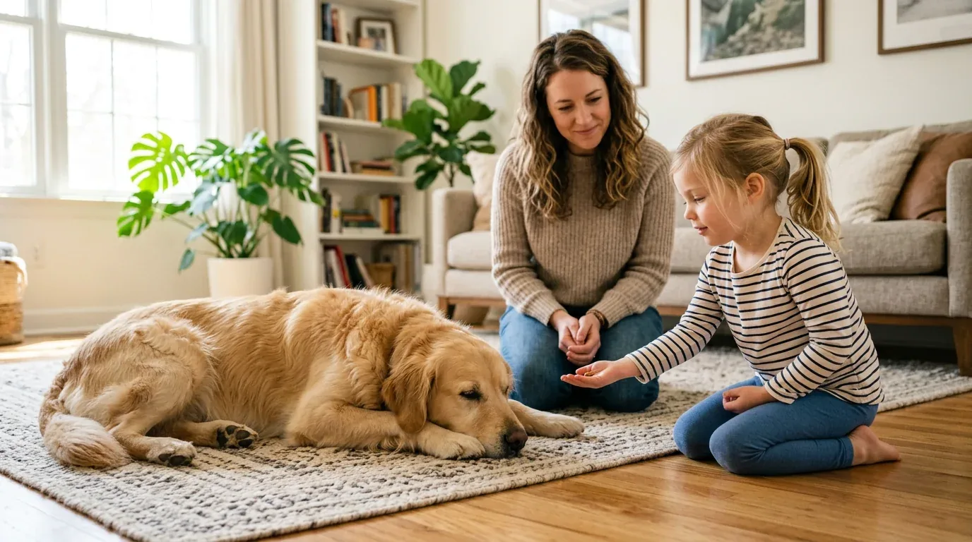 Kind gibt einem entspannt liegenden Hund mit flacher Hand ein Leckerli, ein Erwachsener beaufsichtigt