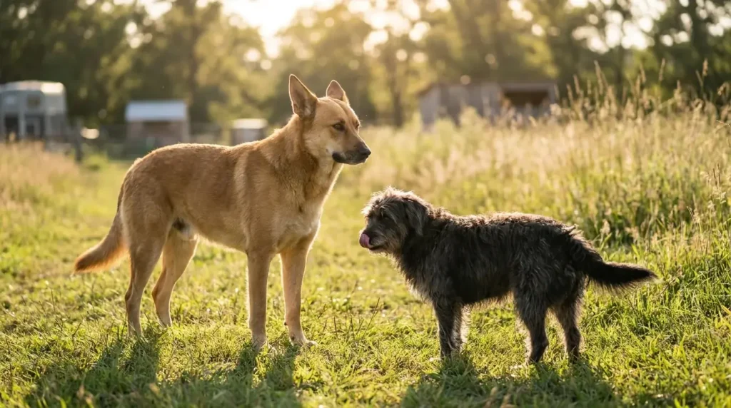 Zwei Hunde bei der Begegnung auf einer Wiese zeigen deutliche Koerpersprache