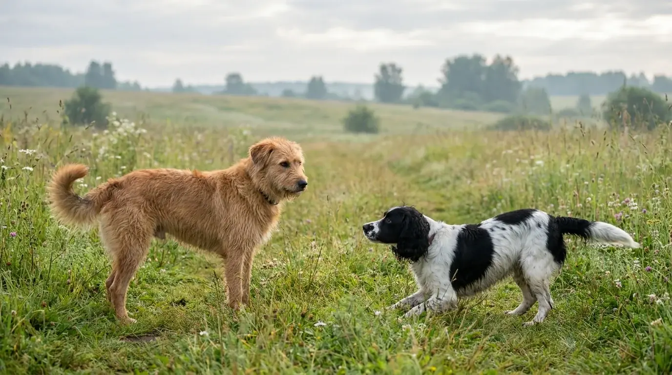 Zwei Hunde bei der Begegnung zeigen unterschiedliche Körpersprache in Haltung, Ohren und Rute