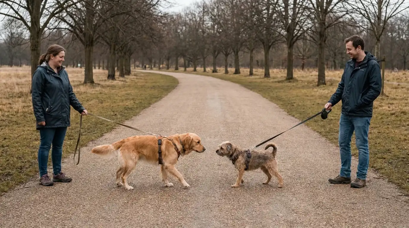 Zwei Hunde begegnen sich an lockerer Leine im Bogen, die Halter halten Abstand