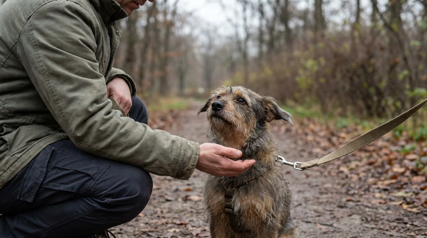 Mensch geht auf Augenhöhe zu einem aufmerksamen Hund an lockerer Leine