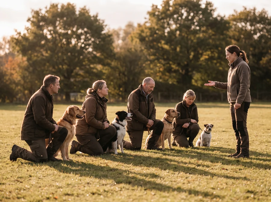 Hundeschule in Berlin: Training für den Hundeführerschein Kleine Gruppe von Hundehaltern trainiert in einer Berliner Hundeschule für den Hundeführerschein