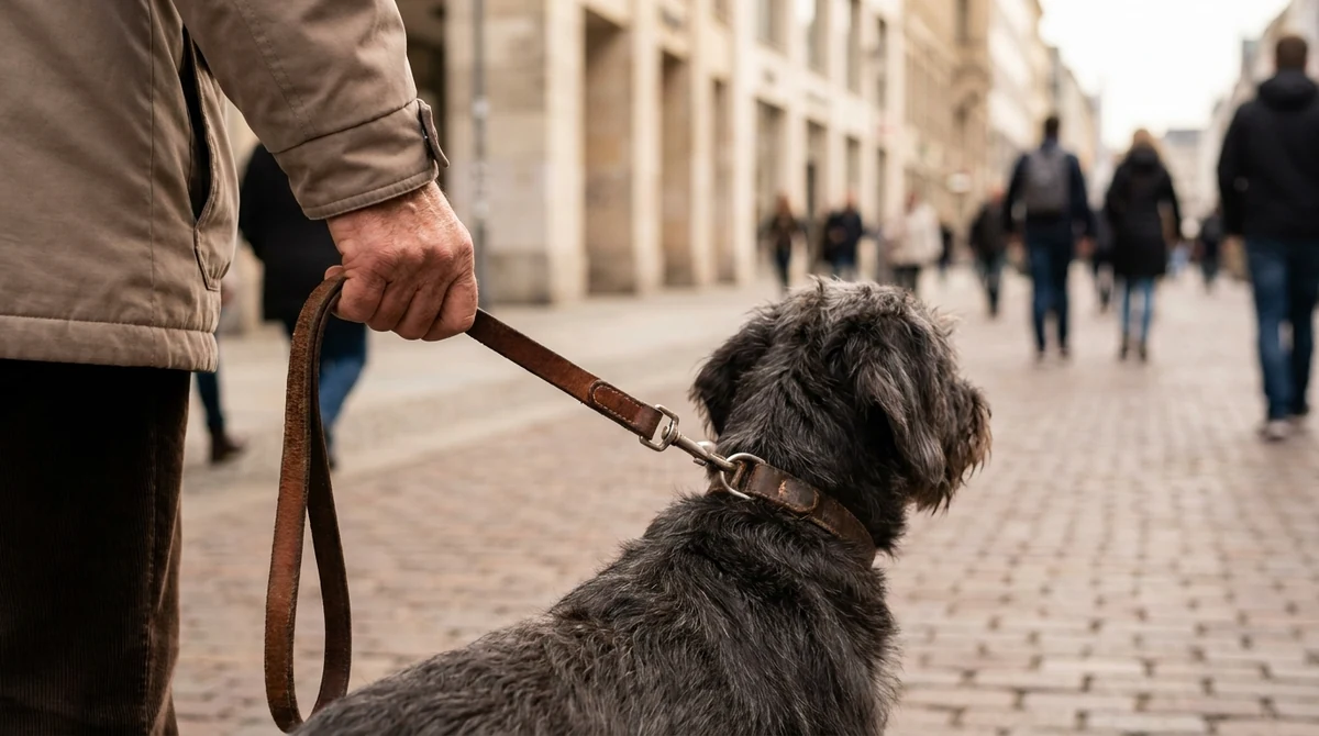 Leinenpflicht in Berlin: Hund an kurzer Leine in der Fußgängerzone Halter führt seinen Hund an kurzer Leine durch eine belebte Berliner Fußgängerzone, dort gilt die Leinenpflicht weiter
