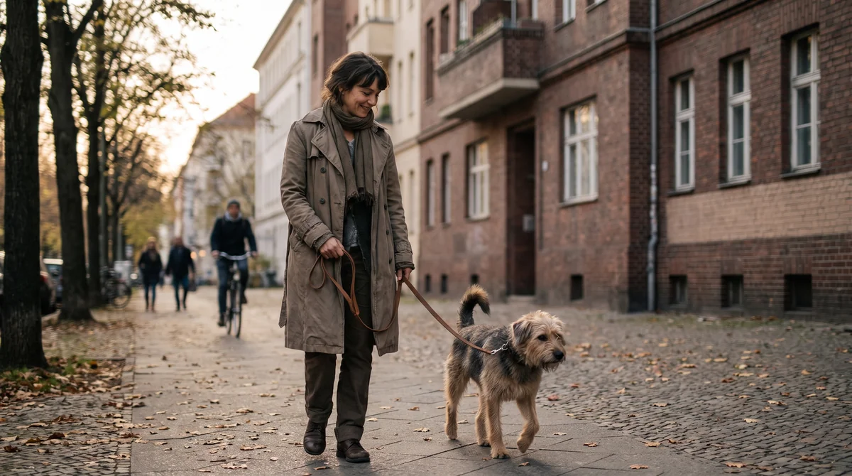 Praktische Prüfung zum Hundeführerschein Berlin Hund läuft bei der praktischen Prüfung zum Hundeführerschein Berlin locker an der Leine neben seiner Halterin