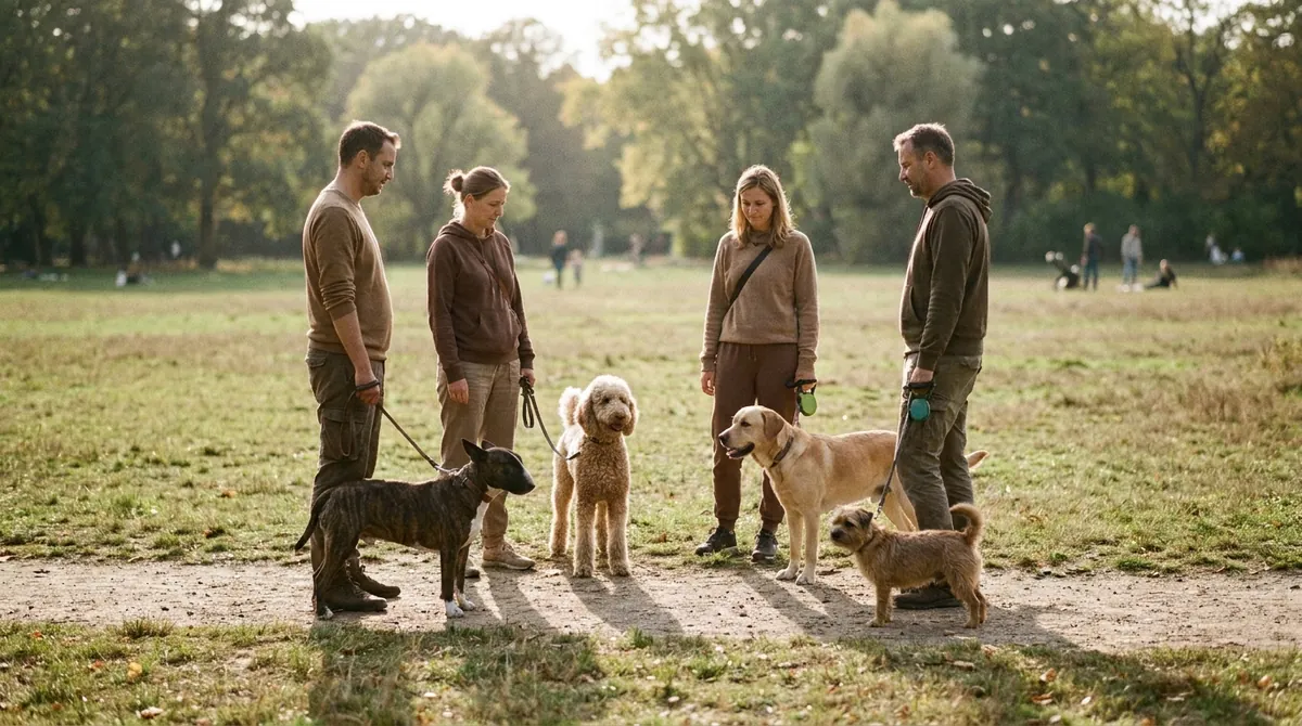 Hundeführerschein statt Rasseliste in Berlin Vier Berliner Hundehalter mit unterschiedlichen Rassen stehen mit ihren Hunden auf einer Parkwiese