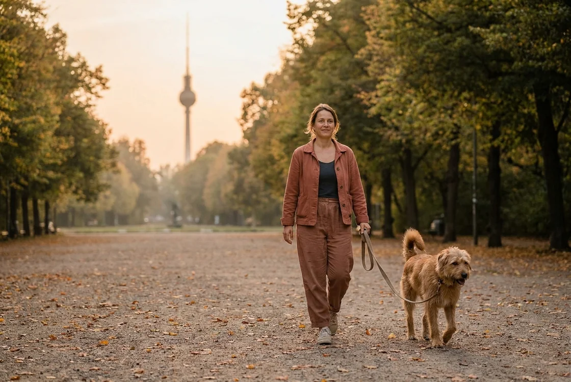 Halterin geht mit ihrem Hund an lockerer Leine durch einen Berliner Park, im Hintergrund der Fernsehturm
