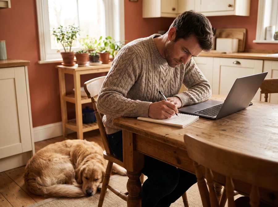 Theorieprüfung für den Hundeführerschein Berlin vorbereiten Hundehalter bereitet sich am Laptop auf die Theorieprüfung für den Hundeführerschein Berlin vor, sein Hund liegt daneben