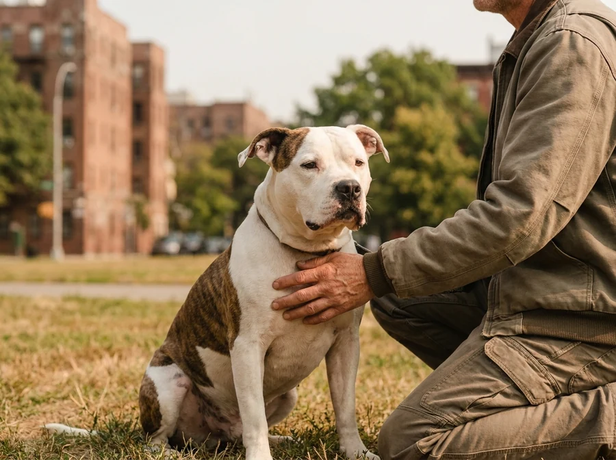 Wesenstest für Listenhunde in Berlin Ruhiger Listenhund sitzt neben seinem Halter auf einer Berliner Parkwiese, für ihn gilt zusätzlich zum Hundeführerschein der Wesenstest