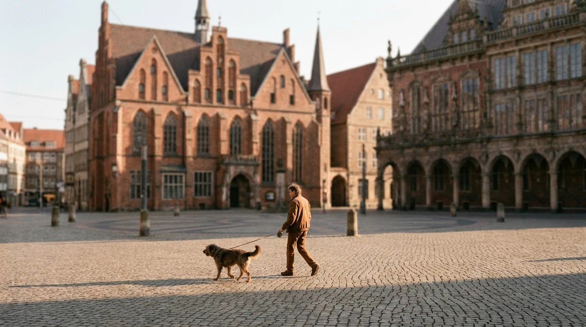 Gesetzliche Grundlage für den Hundeführerschein in Bremen Hundehalter geht mit seinem Hund über einen Bremer Platz mit historischen Backsteinbauten