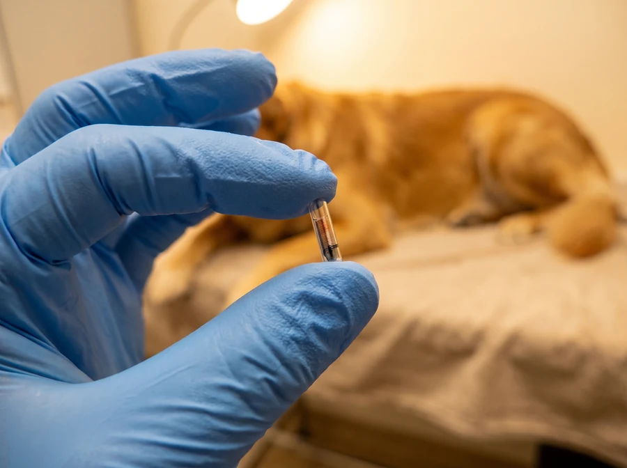 Kennzeichnungspflicht mit Mikrochip in Bremen Tierärztin hält einen Mikrochip für Hunde in der Hand, in Bremen gilt neben dem Hundeführerschein die Kennzeichnungspflicht