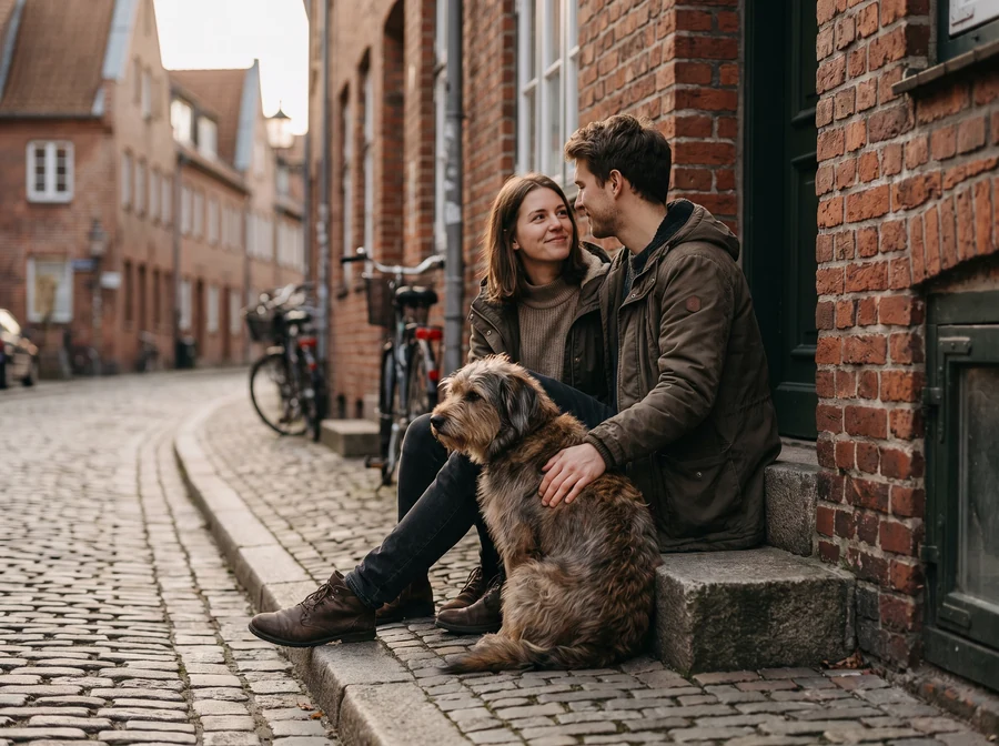 Hundeführerschein Bremen für neue Hundehalter Junges Paar mit seinem neuen Hund in Bremen, ab Juli 2026 gilt für sie die Pflicht zum Hundeführerschein