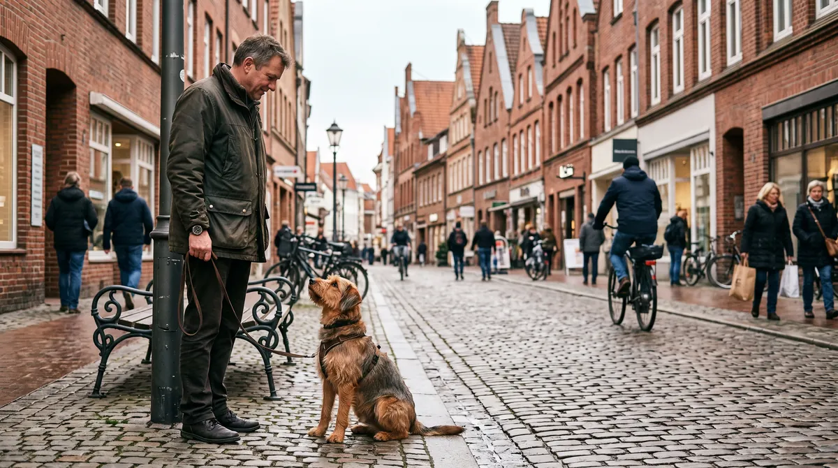 Praktische Prüfung zum Hundeführerschein Bremen Hund bleibt bei der praktischen Prüfung zum Hundeführerschein Bremen in einer Alltagssituation ruhig neben seinem Halter