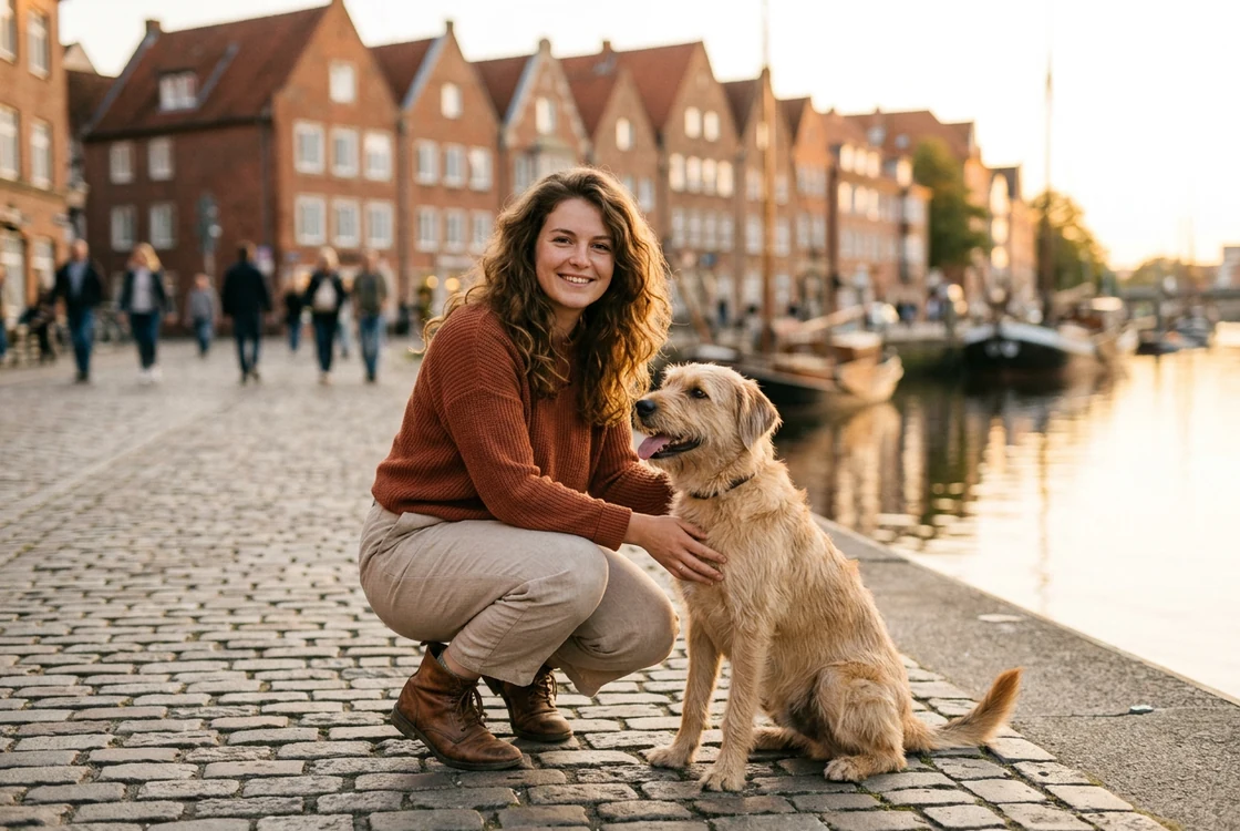 Hundehalterin kniet neben ihrem Hund an der Weserpromenade in Bremen