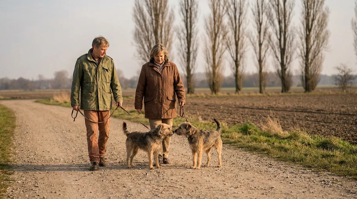 Hundebegegnung trainieren für den Hundeführerschein Niedersachsen Zwei Hundehalter begegnen sich mit ihren Hunden auf einem Feldweg in Niedersachsen und trainieren die Hundebegegnung