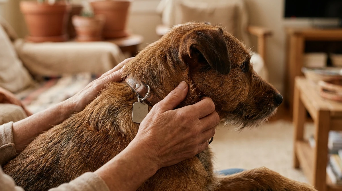 Hundesteuer und Versicherung in Niedersachsen Hundehalter befestigt eine Marke am Halsband seines Hundes, in Niedersachsen gelten neben dem Hundeführerschein Steuer- und Versicherungspflicht
