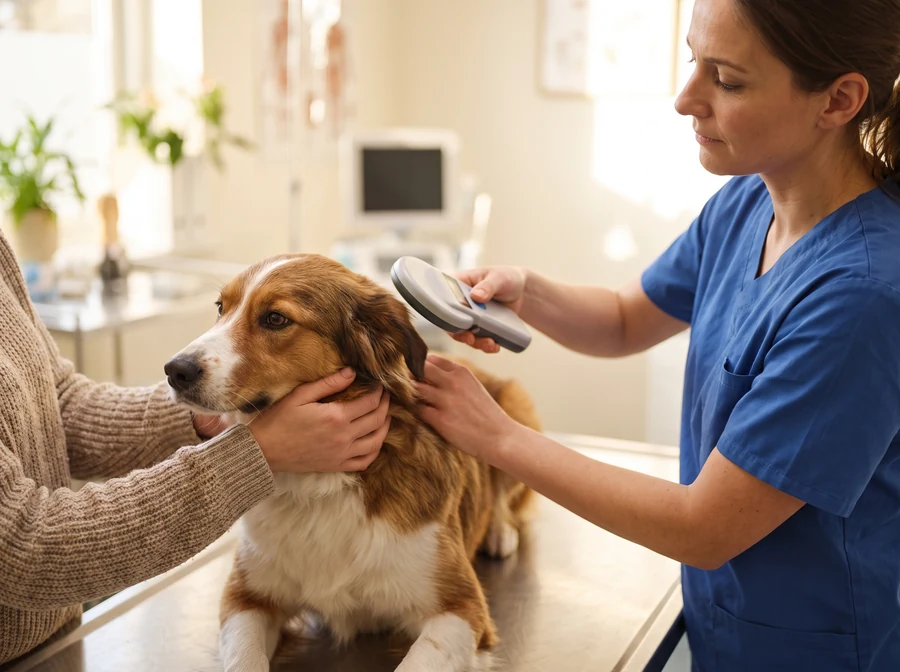 Mikrochip und Hunderegister in Niedersachsen Tierärztin liest den Mikrochip eines Hundes aus, in Niedersachsen neben dem Hundeführerschein Pflicht