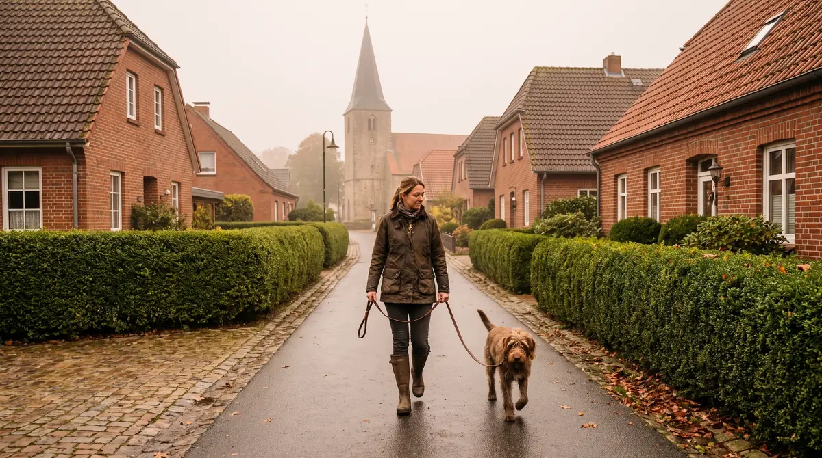 Praktische Prüfung zum Hundeführerschein Niedersachsen Halterin geht bei der praktischen Prüfung zum Hundeführerschein Niedersachsen mit ihrem Hund an lockerer Leine durch den Ort