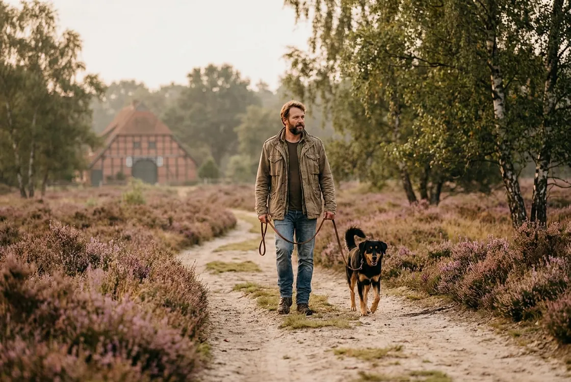 Halter geht mit seinem Hund an lockerer Leine über einen Heideweg in Niedersachsen