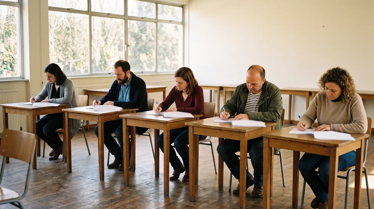 Theorieprüfung zum Hundeführerschein Niedersachsen Teilnehmer beantworten bei der Theorieprüfung für den Hundeführerschein Niedersachsen die Fragen an Einzeltischen