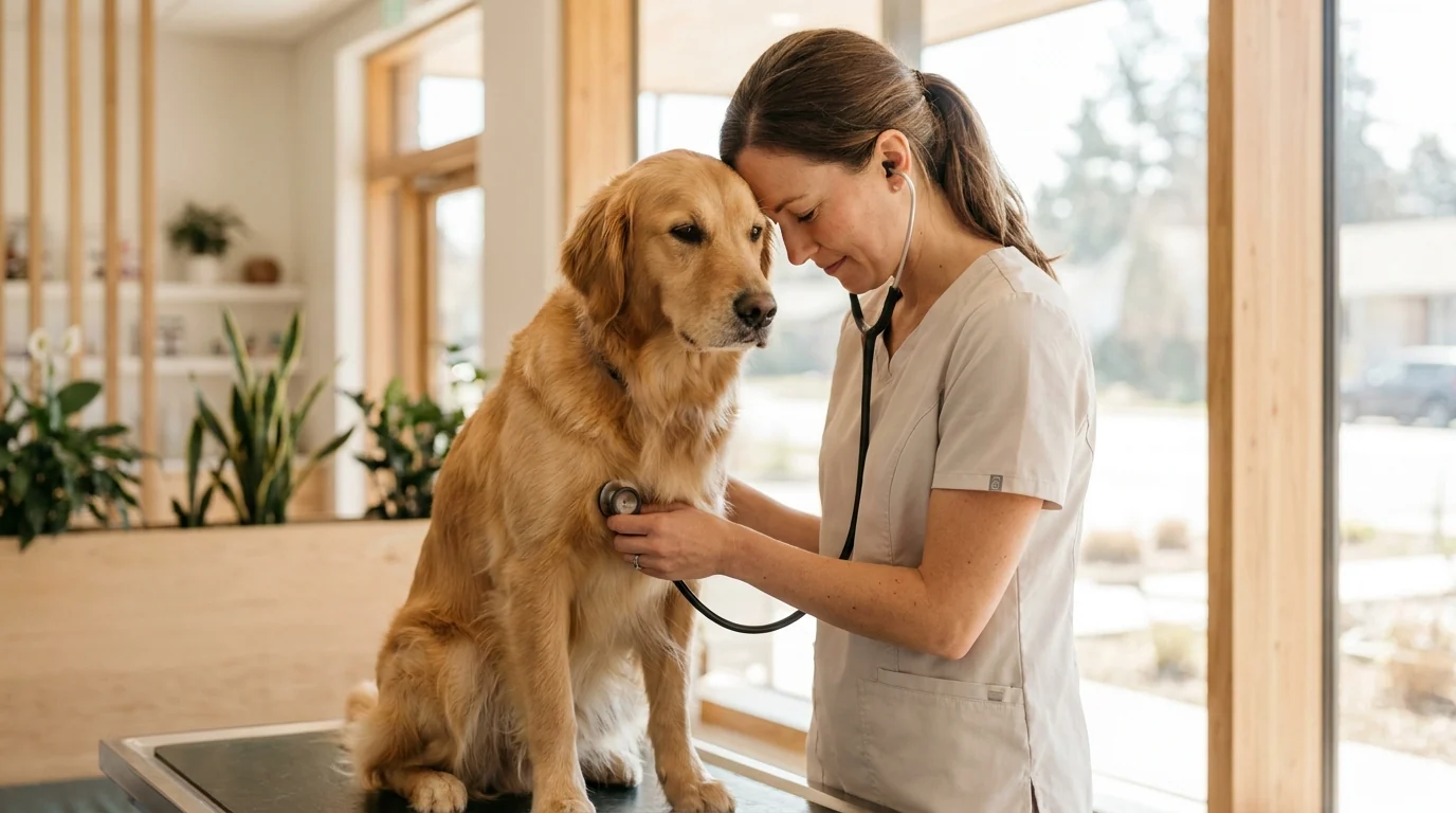 Tierärztin hört einen ruhig stehenden Golden Retriever mit dem Stethoskop ab, Themenblock Gesundheit