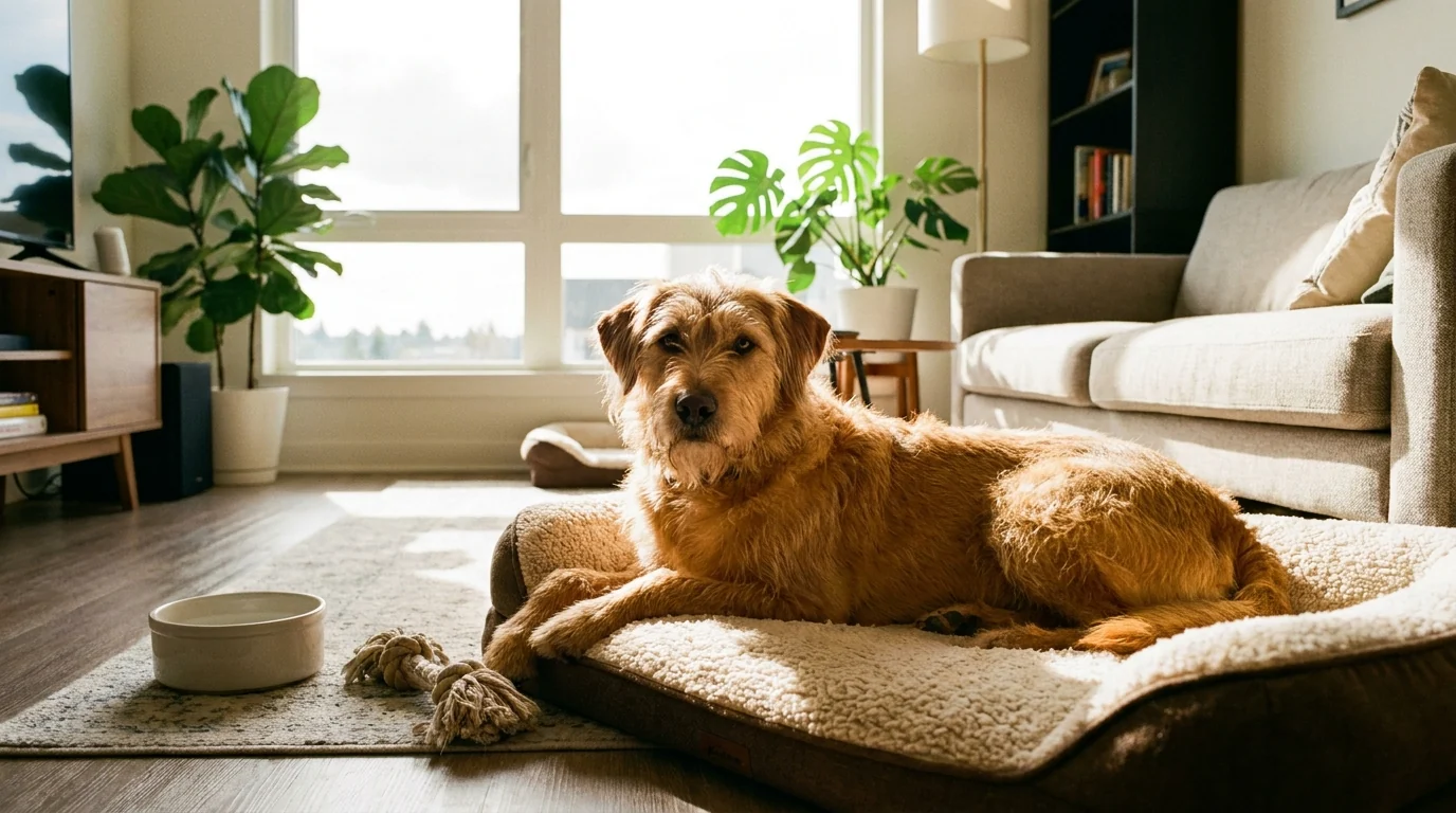 Entspannter Hund auf seinem Liegeplatz in einem hellen Wohnzimmer mit Wassernapf