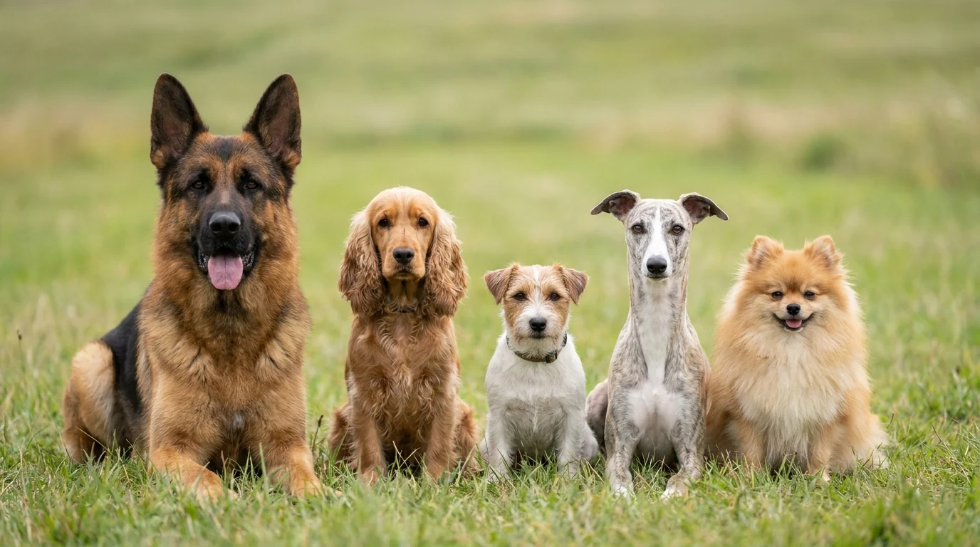 Fünf Hunde unterschiedlicher Rassetypen und Größen sitzen nebeneinander auf einer Wiese