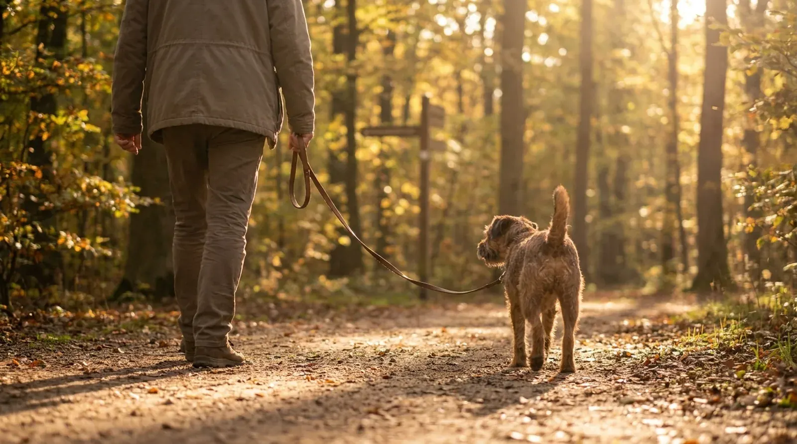Angeleinter Hund geht mit seinem Halter auf einem Waldweg im Themenblock Rechtliches