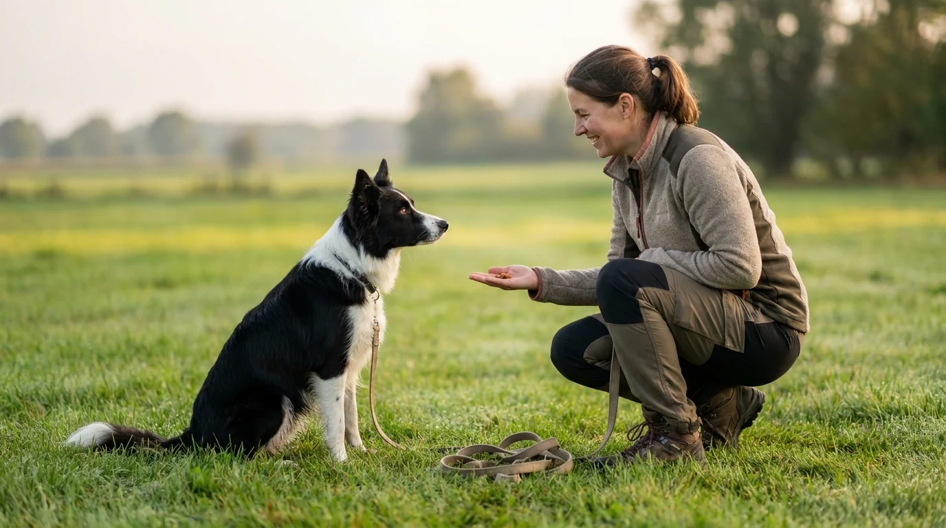 Frau kniet auf einer Wiese und belohnt einen aufmerksam sitzenden Border Collie mit einem Leckerli