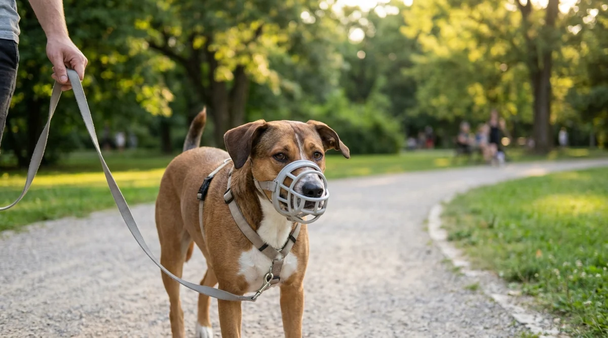 Kräftiger Hund mit Korbmaulkorb geht entspannt an lockerer Leine neben seinem Halter