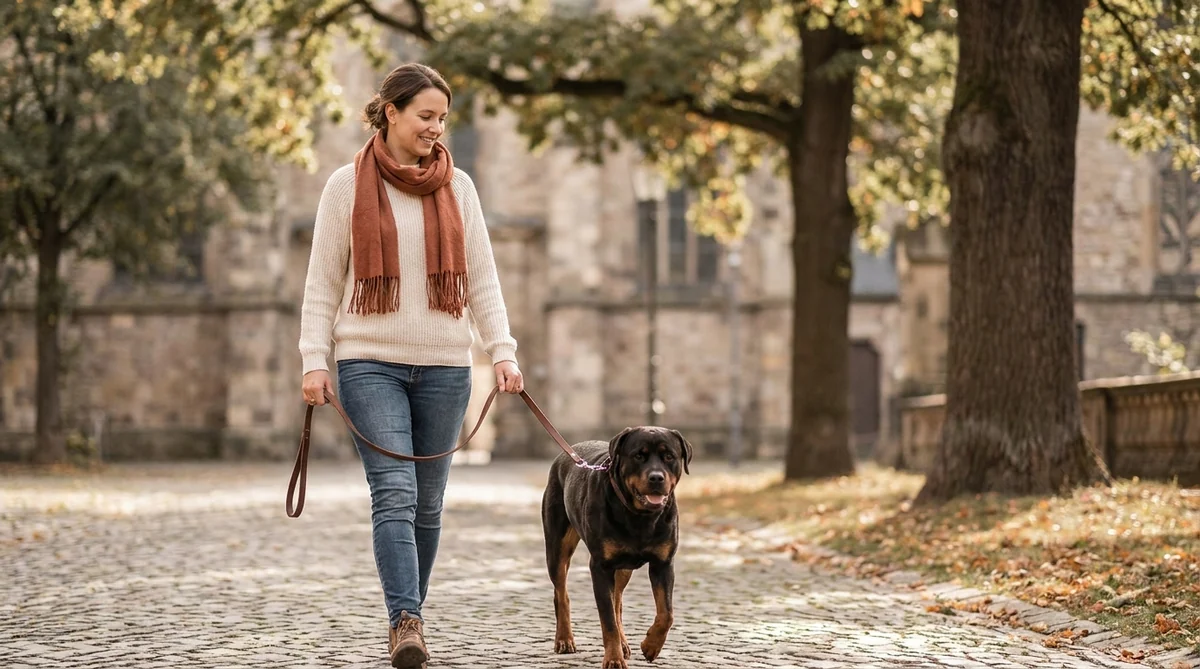 Verantwortungsvoller Halter geht mit einem kräftigen Hund entspannt an lockerer Leine im Park