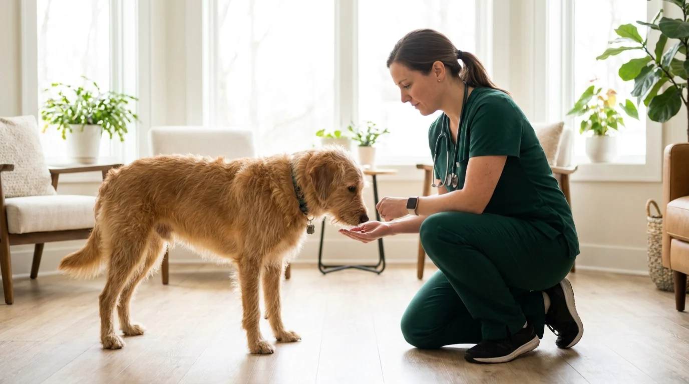 Tierärztin kniet neben einem Hund und bietet ihm ruhig ein Leckerli an – Medical Training