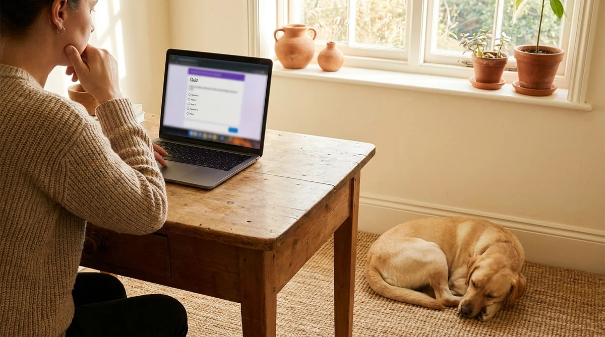 Person am Laptop bei der Prüfungssimulation zum Sachkundenachweis Hund NRW, ruhiger Hund daneben