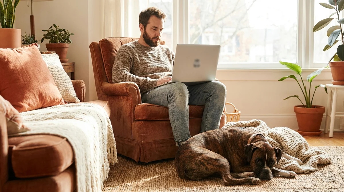 Mann im Sessel mit Laptop bei der Prüfungssimulation zum Sachkundenachweis Hund NRW, Boxer daneben