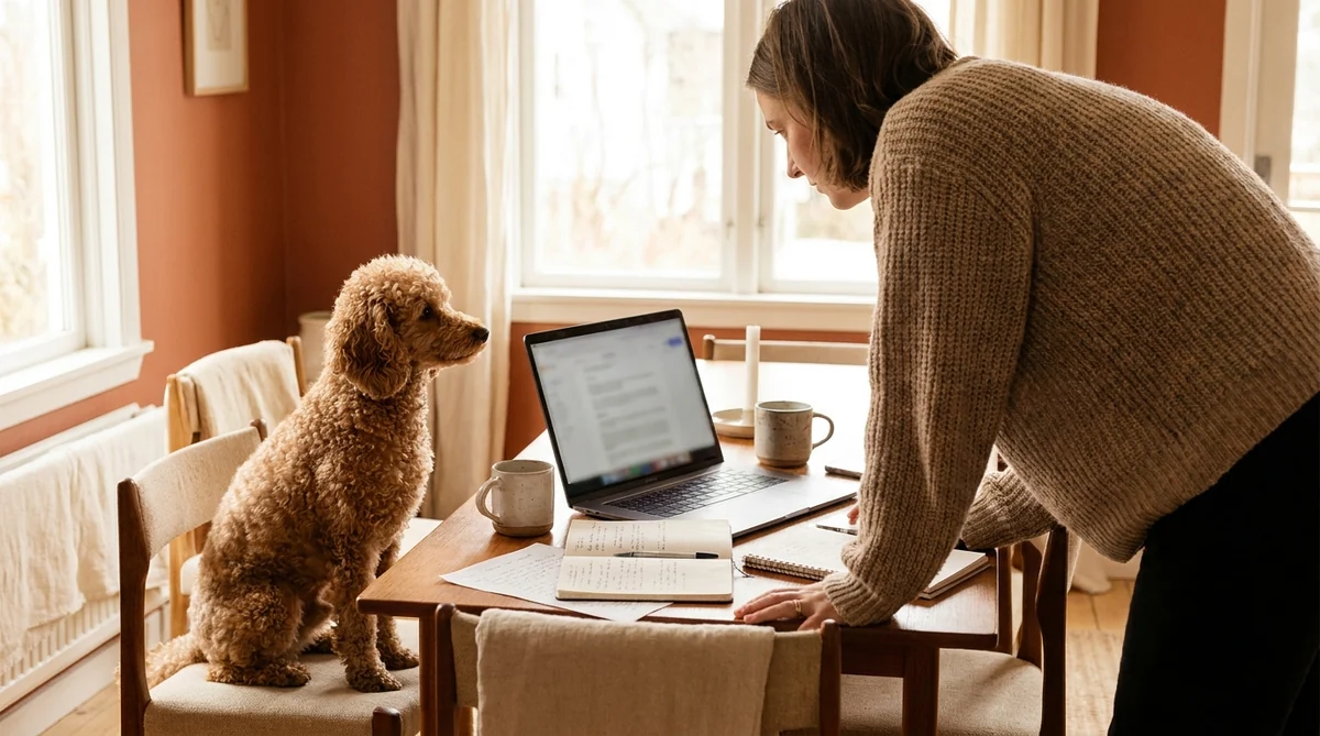 Person am Esstisch mit Laptop und Notizen bei der Prüfungssimulation zum Sachkundenachweis Hund NRW, Pudel daneben