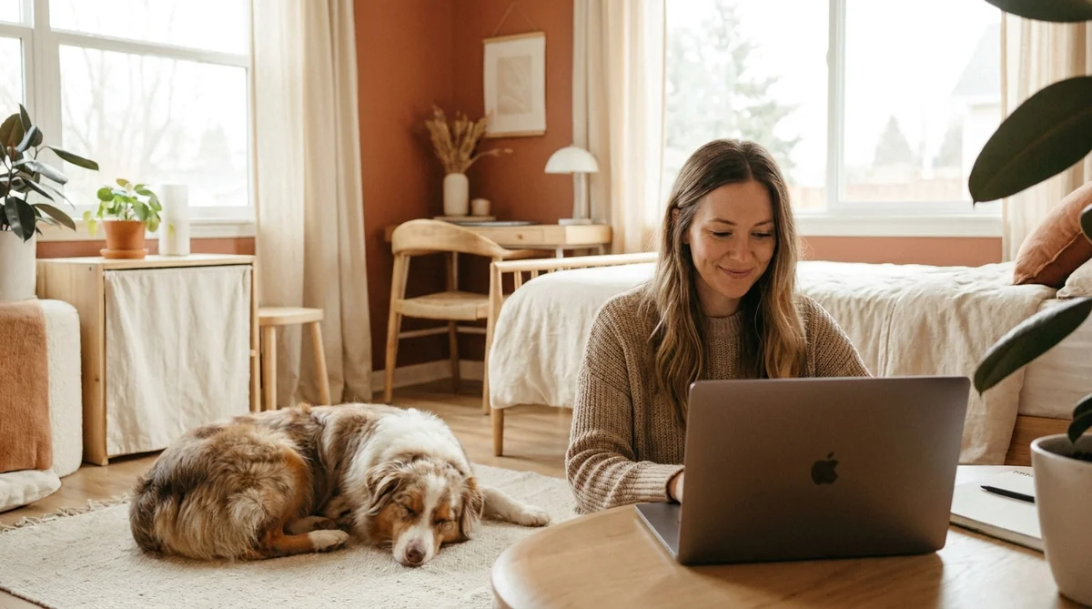 Frau im Homeoffice mit Laptop bei der Prüfungssimulation zum Sachkundenachweis Hund NRW, Australian Shepherd daneben
