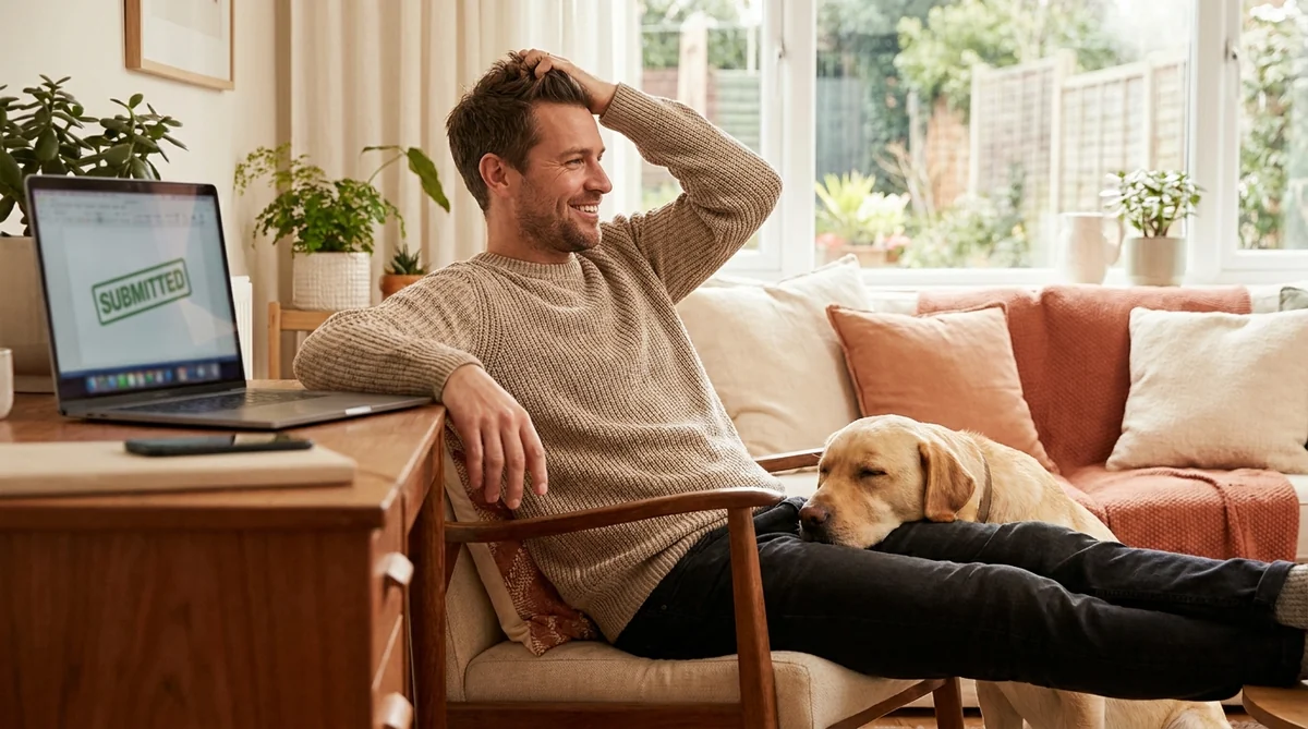 Zufriedener Mann am Laptop nach der Prüfungssimulation zum Sachkundenachweis Hund NRW, Labrador daneben