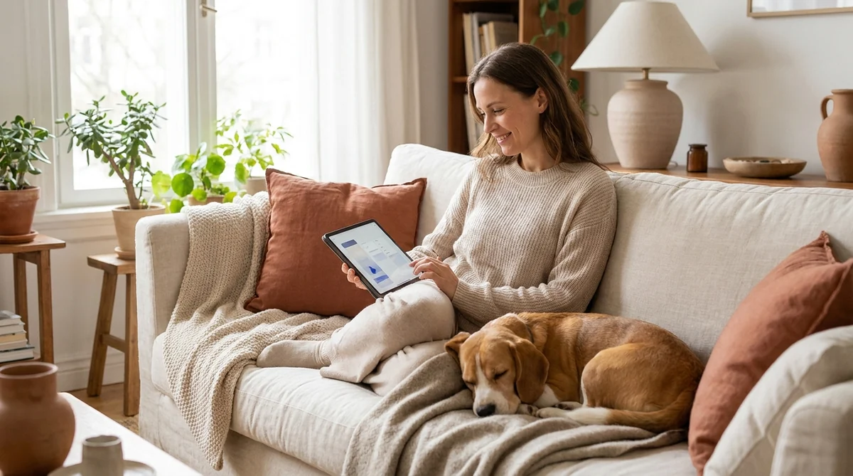 Frau auf dem Sofa mit Tablet bei der Prüfungssimulation zum Sachkundenachweis Hund NRW, Beagle daneben