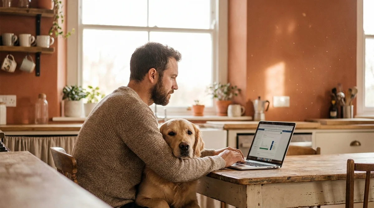 Mann am Küchentisch mit Laptop bei der Prüfungssimulation zum Sachkundenachweis Hund NRW, Golden Retriever daneben